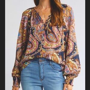 Sanctuary Paisley Print Boho Top. Metallic details. Flowy, Lightweight. Size L.
